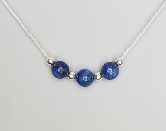 Lapis Lazuli Three Beads Set in 925 Sterling Silver Choker Pendant