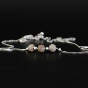 Natural Flint Three Beads in 925 Sterling Silver with Adjustable Chain Choker Pendant Necklace