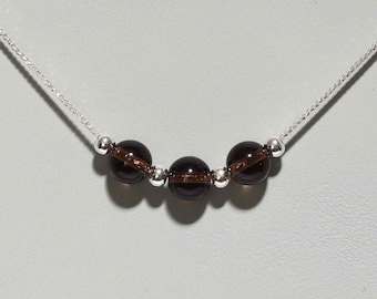 Natural Smoky Quartz Three Beads in 925 Sterling Silver Choker Pendant