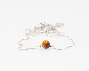 Natural Tiger's Eye Bead with Adjustable Box Chain in Sterling Silver Choker Pendant Necklace