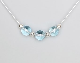 Natural Brazilian Blue Topaz Three Beads in Sterling Silver Choker Pendant