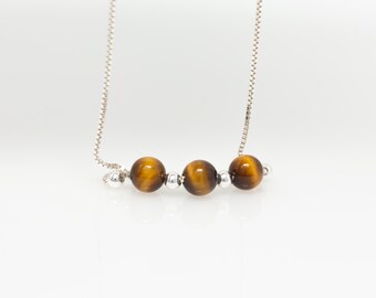 Natural Tiger's Eye Beads with Adjustable Box Chain in Sterling Silver Choker Pendant Necklace