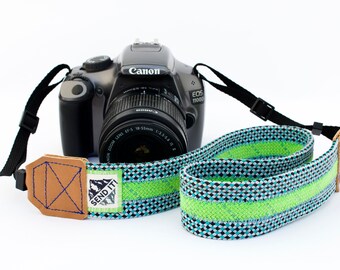 Camera strap made from recycled climbing rope (wide) lightblue-neongreen