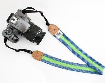 Camerariem gemaakt van gerecycled klimtouw (breed) blauw-neongroen