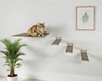 Kattenligstoel met drie treden en tapijtbekleding, wandmontage, loopbrug, wandpark
