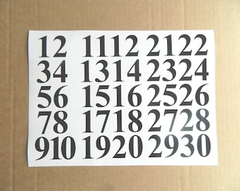 Times Font Numbers 1-30, Sticky Back Vinyl Decals 10 -50mm