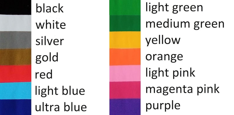 Op de afbeelding: Een kleurenkaart met verschillende tinten zwart, wit, zilver, goud, rood, lichtblauw, ultrablauw, lichtgroen, middelgroen, geel, oranje, lichtroze, magenta roze en paars.
