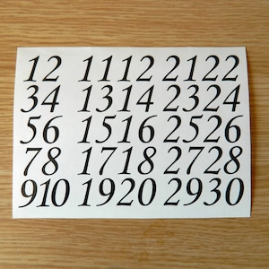 Corsiva Font Numbers 1-30, Sticky Back Vinyl Decals 10 - 50mm