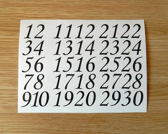 Corsiva Font Numbers 1-30, Sticky Back Vinyl Decals 10 - 50mm