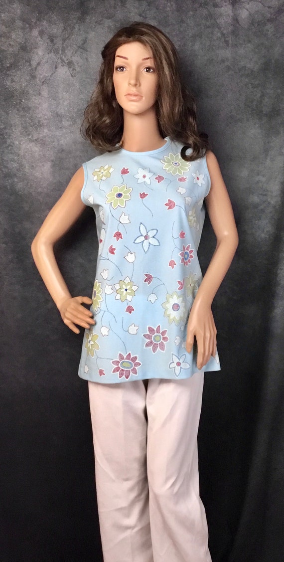 Land N Sea Blue Sleeveless Top with Flower Design 