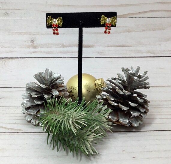 Bow Rhinestone Dangle 1990’s Stud Back Earrings - image 7