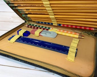 Filled Student Case Containing Empire Pencils, Eraser, Ruler & Sharpener Vintage 1980’s