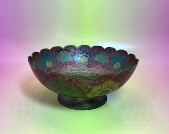 ENESCO Brass Peacock Enameled Scalloped Edged Decorative Pedestal Bowl Made in India Vintage 1970’s