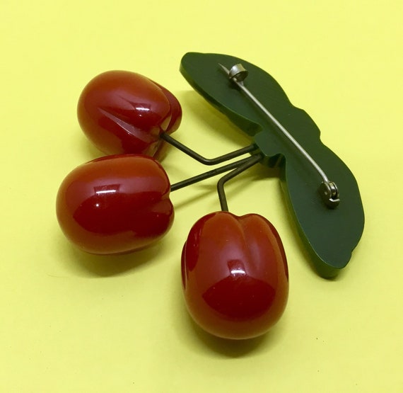 1930s Triple Cherries Rare Bakelite Brooch Pin - image 3