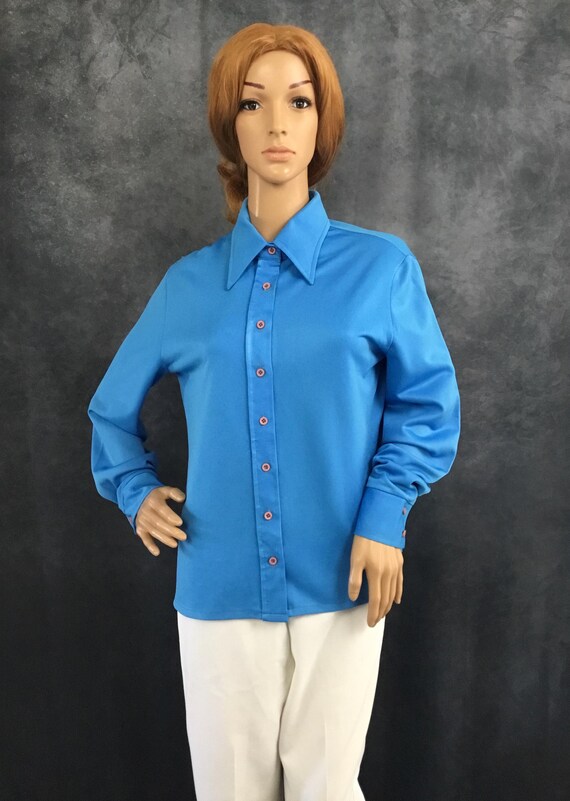 Booth Bay Blue Polyester Button Down Blouse Vinta… - image 2