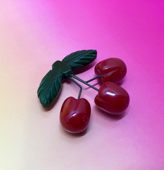 1930s Triple Cherries Rare Bakelite Brooch Pin - image 2