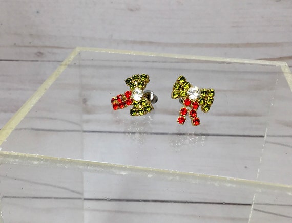 Bow Rhinestone Dangle 1990’s Stud Back Earrings - image 2
