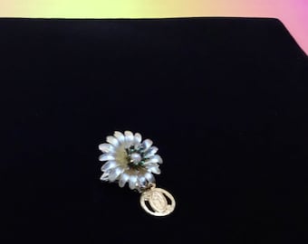 Pearlised Plastic Flower Mid Century Brooch with Dangling Miraculous Mary Medal