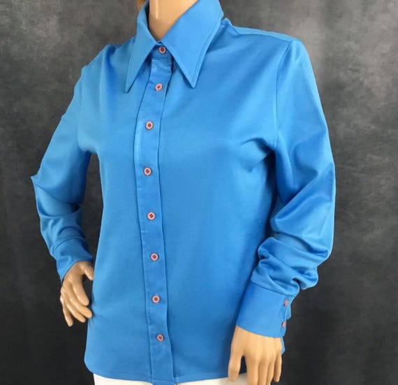 Booth Bay Blue Polyester Button Down Blouse Vinta… - image 1