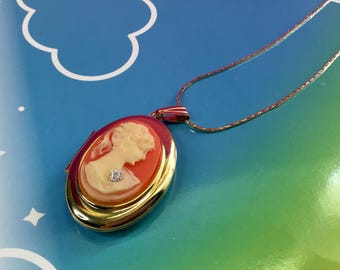 Cameo Locket Necklace with Diamond Flake Accent Mid Century Vintage