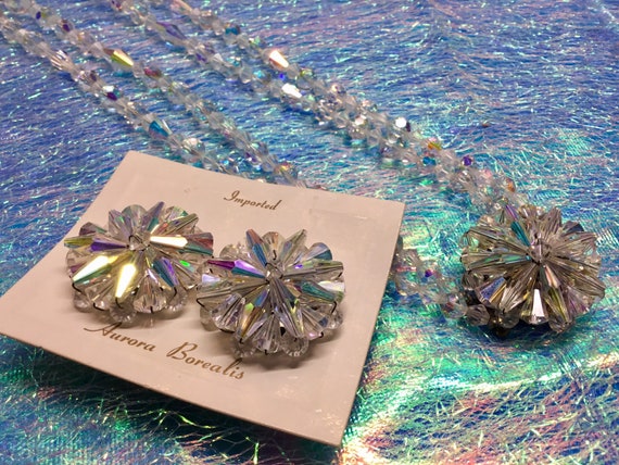 Aurora Borealis Double Strand Necklace & Clip Bac… - image 1