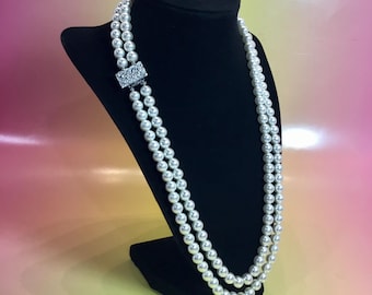 Fancy Rhinestone Clasp Double Strand Pearl Necklace Mid Century Vintage