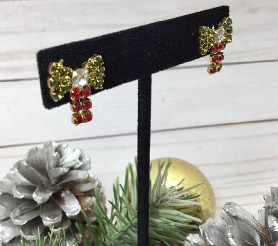 Bow Rhinestone Dangle 1990’s Stud Back Earrings - image 1