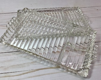 Hazel-Atlas Snack, Sip & Smoke, Set of 2 Mid Century Ribbed/Beaded Glass Snack Separated Trays