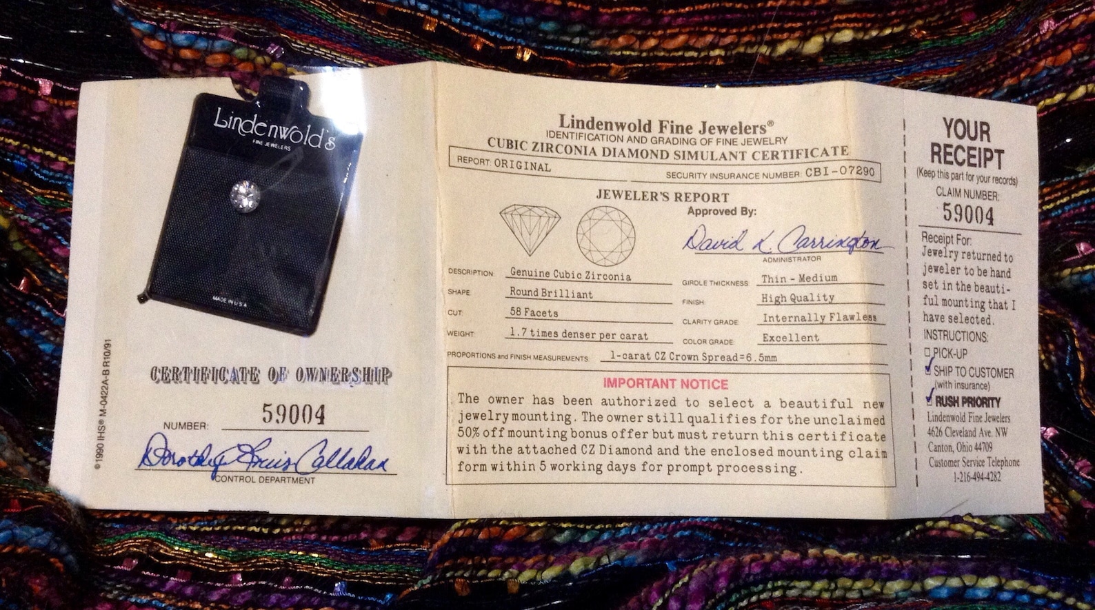 Lindenwold Cubic Zirconia Diamond Simulant Certificate