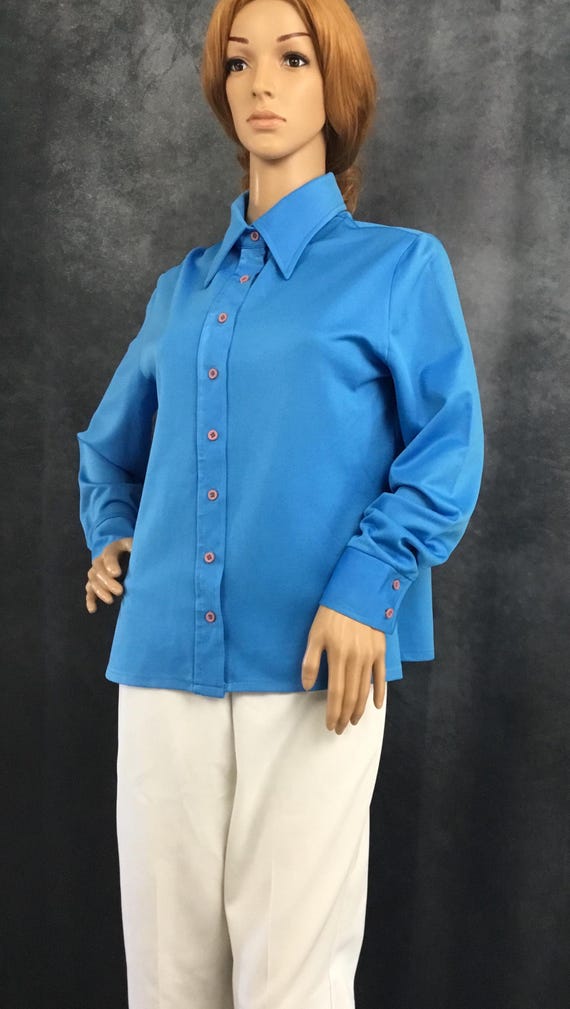 Booth Bay Blue Polyester Button Down Blouse Vinta… - image 9