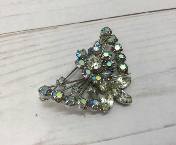 Iridescent Butterfly Rhinestone Brooch Pendant Midcentury Vintage