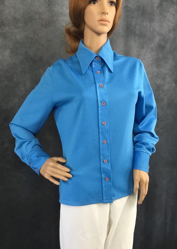 Booth Bay Blue Polyester Button Down Blouse Vinta… - image 7