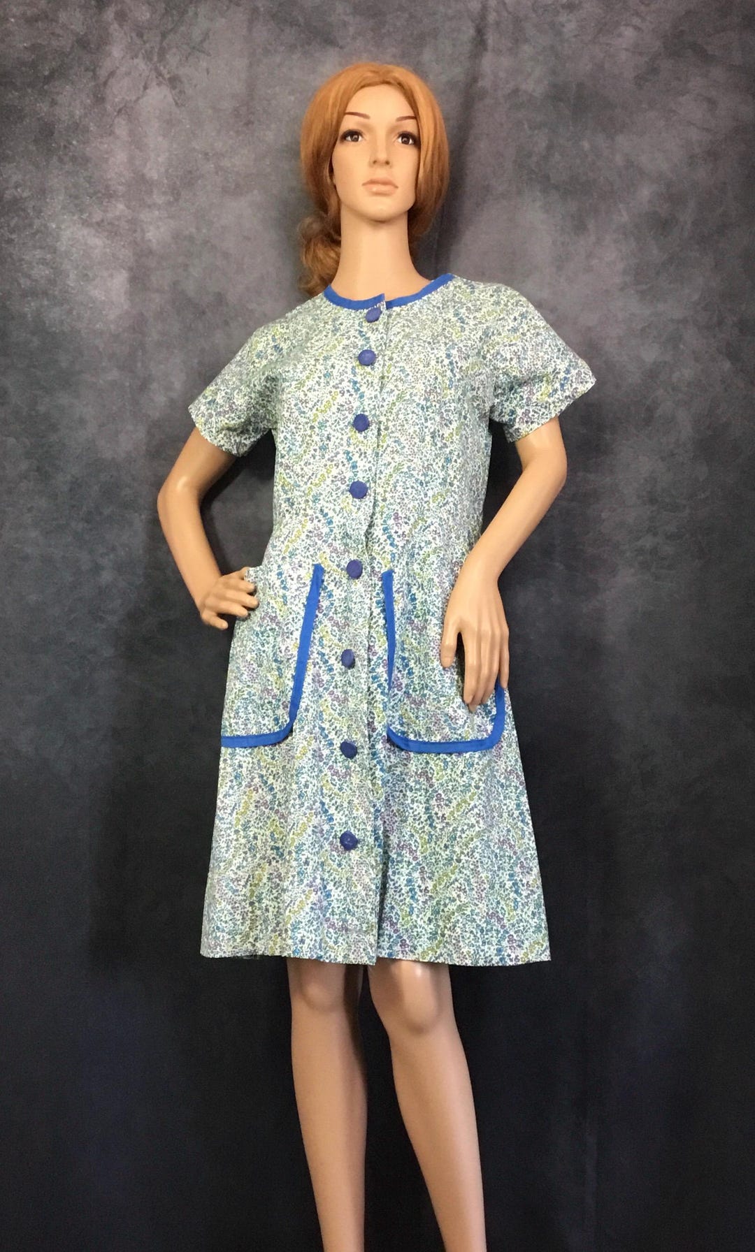 Blue Striped Trim Short Sleeve Vintage Floral Shift Dress