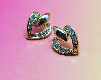 Avon Gold Tone and Rhinestone Heart Post Back Vintage Earrings