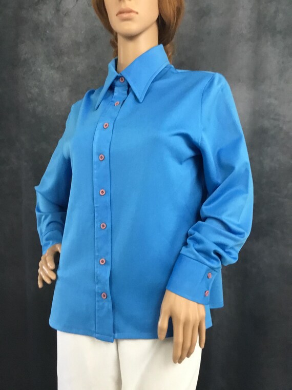 Booth Bay Blue Polyester Button Down Blouse Vinta… - image 5