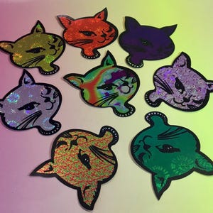 Psychedelic Winking Cat Head Hologram Prism Stickers by A & A Company Parkway Machine Corp. Set of 8 Vintage 1990’s Stickers