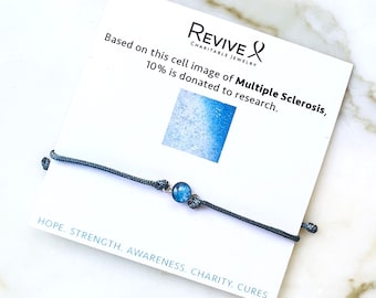 Multiple Sclerosis Awareness Bracelet: Sterling Silver, Blue Cord, Charity Gift