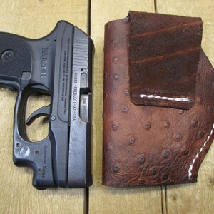 Ruger LCP, LCP II, Max 380, étui en cuir, avec/sans protection laser Crimson Trace. Cuir de vachette marron à motif d'autruche. Fabriqué par le vendeur aux États-Unis image 14
