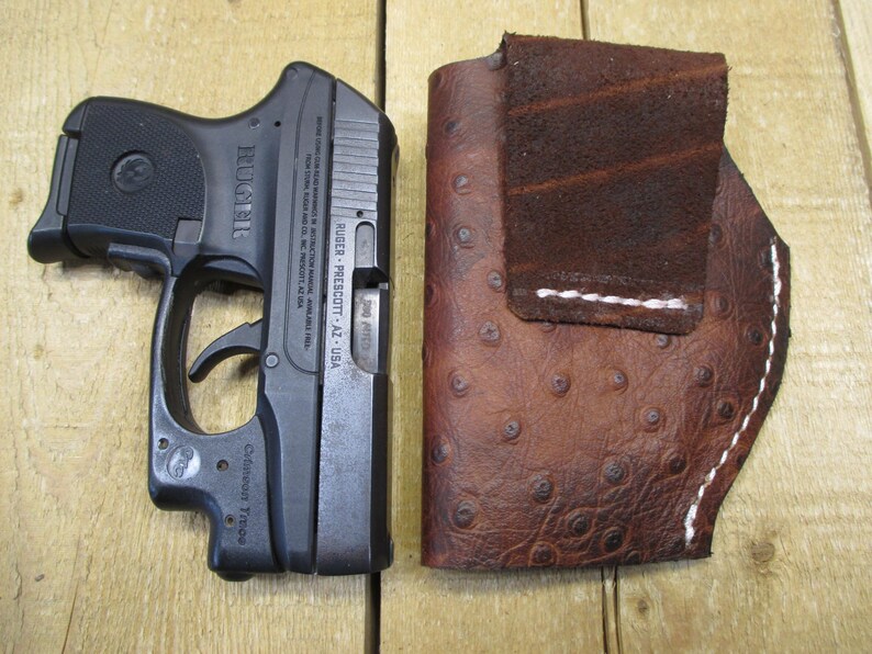 Ruger LCP, LCP II, Max 380, étui en cuir, avec/sans protection laser Crimson Trace. Cuir de vachette marron à motif d'autruche. Fabriqué par le vendeur aux États-Unis image 14