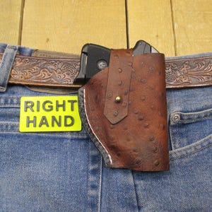 Ruger LCP, LCP II, Max 380, étui en cuir, avec/sans protection laser Crimson Trace. Cuir de vachette marron à motif d'autruche. Fabriqué par le vendeur aux États-Unis image 1