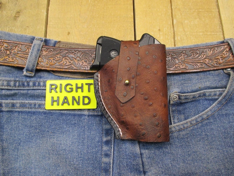 Ruger LCP, LCP II, Max 380, étui en cuir, avec/sans protection laser Crimson Trace. Cuir de vachette marron à motif d'autruche. Fabriqué par le vendeur aux États-Unis image 1