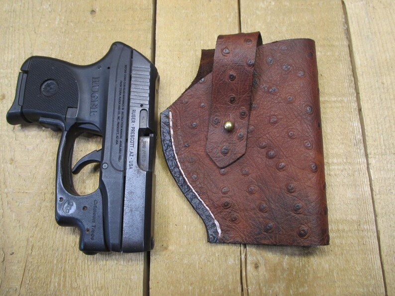Ruger LCP, LCP II, Max 380, étui en cuir, avec/sans protection laser Crimson Trace. Cuir de vachette marron à motif d'autruche. Fabriqué par le vendeur aux États-Unis image 13