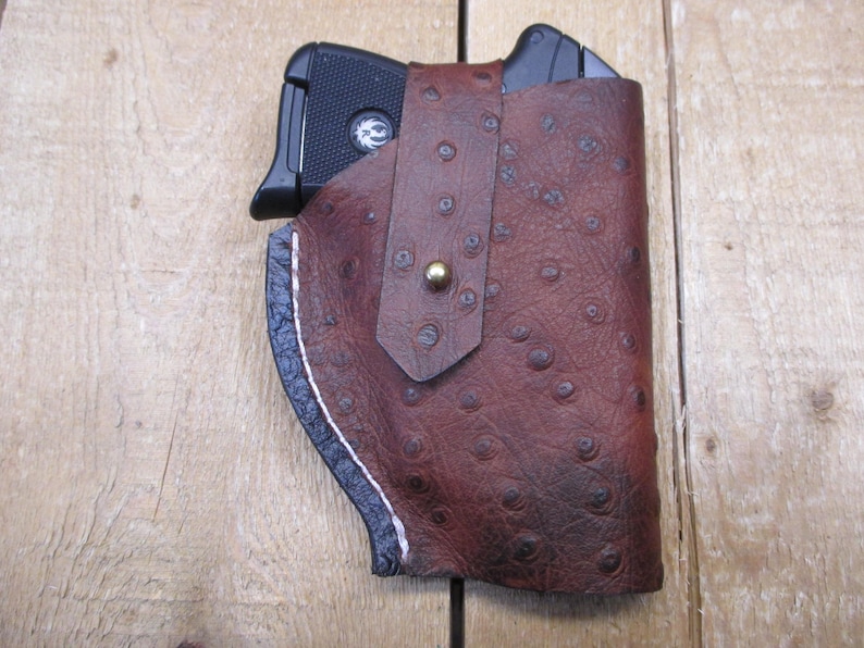 Ruger LCP, LCP II, Max 380, étui en cuir, avec/sans protection laser Crimson Trace. Cuir de vachette marron à motif d'autruche. Fabriqué par le vendeur aux États-Unis image 8