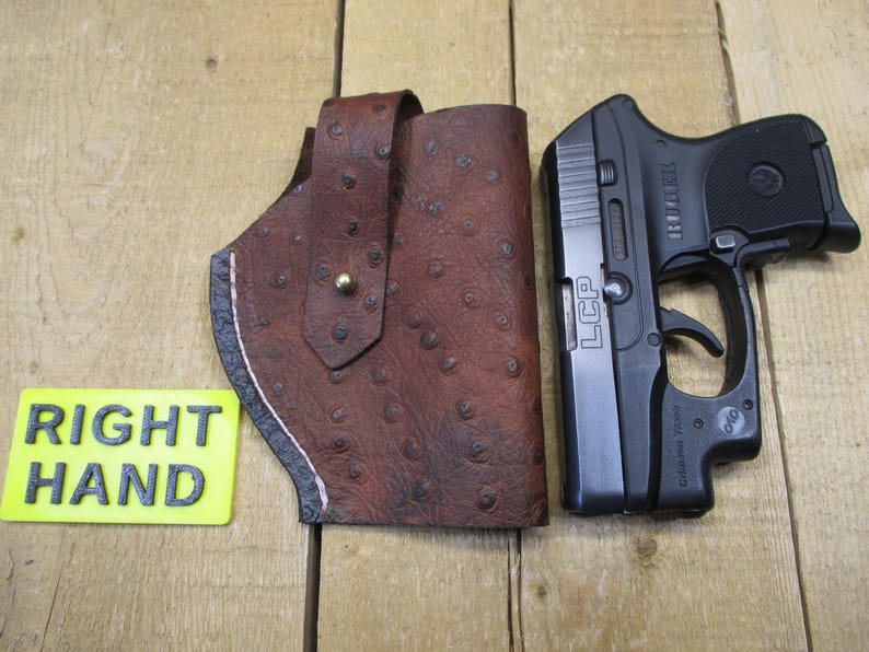 Ruger LCP, LCP II, Max 380, étui en cuir, avec/sans protection laser Crimson Trace. Cuir de vachette marron à motif d'autruche. Fabriqué par le vendeur aux États-Unis image 15
