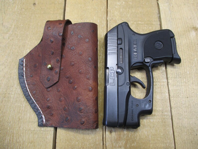 Ruger LCP, LCP II, Max 380, étui en cuir, avec/sans protection laser Crimson Trace. Cuir de vachette marron à motif d'autruche. Fabriqué par le vendeur aux États-Unis image 12