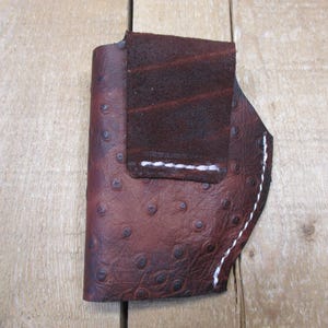 Ruger LCP, LCP II, Max 380, étui en cuir, avec/sans protection laser Crimson Trace. Cuir de vachette marron à motif d'autruche. Fabriqué par le vendeur aux États-Unis image 11