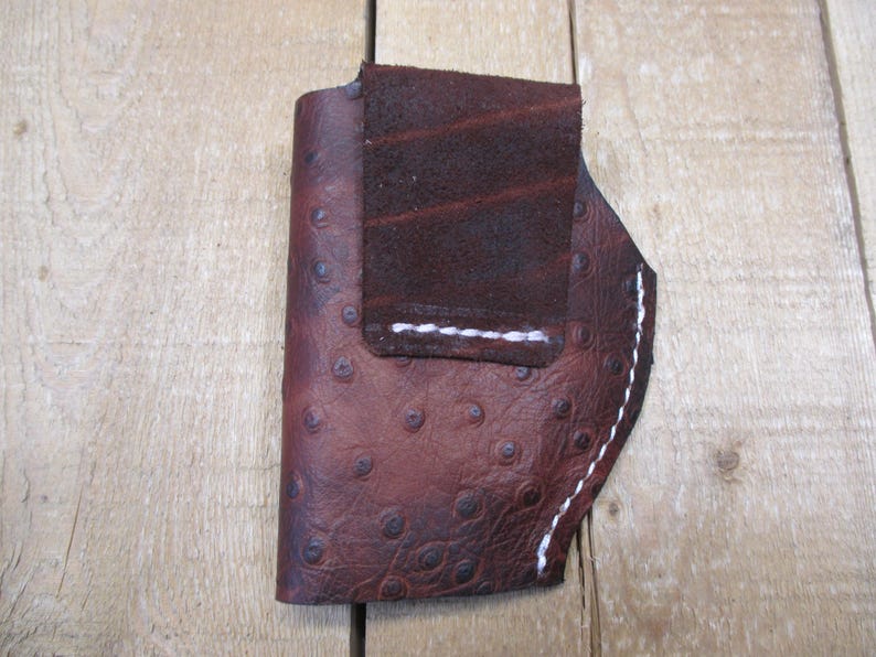 Ruger LCP, LCP II, Max 380, étui en cuir, avec/sans protection laser Crimson Trace. Cuir de vachette marron à motif d'autruche. Fabriqué par le vendeur aux États-Unis image 11