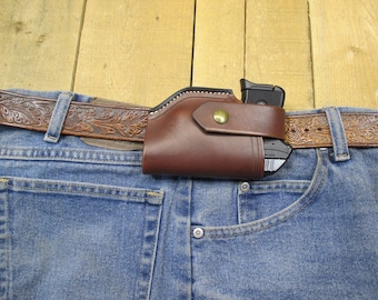 Ruger LCP, LCP II,& Max 380, Leather Holster with/without Crimson Trace Laserguard. Right Hand, Brown. Made by Seller in the U S A