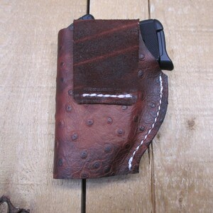Ruger LCP, LCP II, Max 380, étui en cuir, avec/sans protection laser Crimson Trace. Cuir de vachette marron à motif d'autruche. Fabriqué par le vendeur aux États-Unis image 9