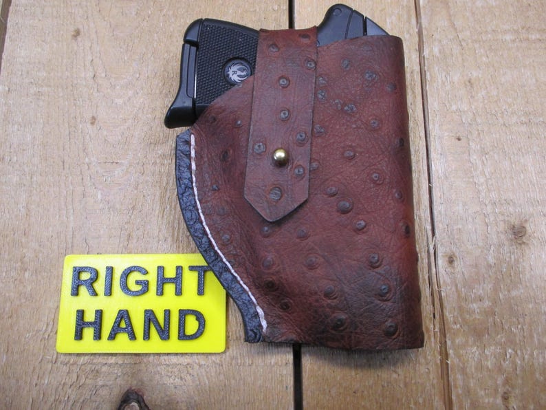 Ruger LCP, LCP II, Max 380, étui en cuir, avec/sans protection laser Crimson Trace. Cuir de vachette marron à motif d'autruche. Fabriqué par le vendeur aux États-Unis image 7